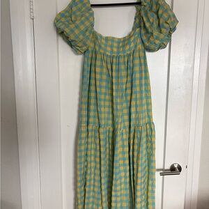 Zara Puff Sleeve Yellow and Blue Gingham Dress